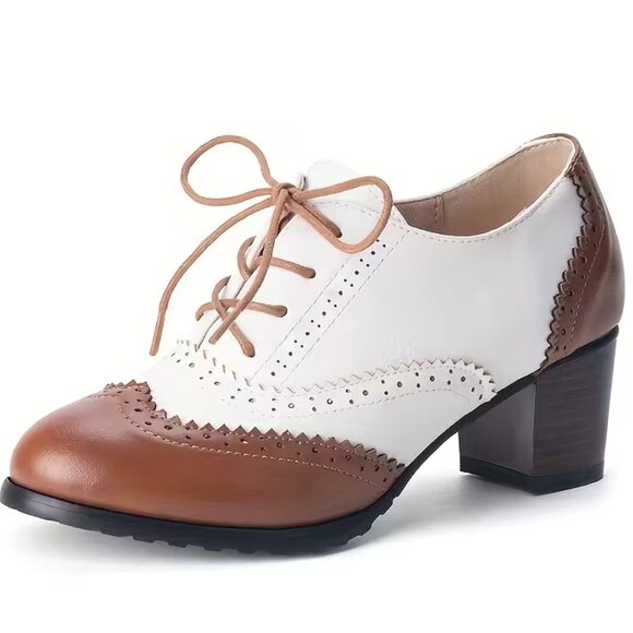 Unbranded Leather Round Toe Pumps, Women's Size 8 - Brown/White - Picture 1 of 7